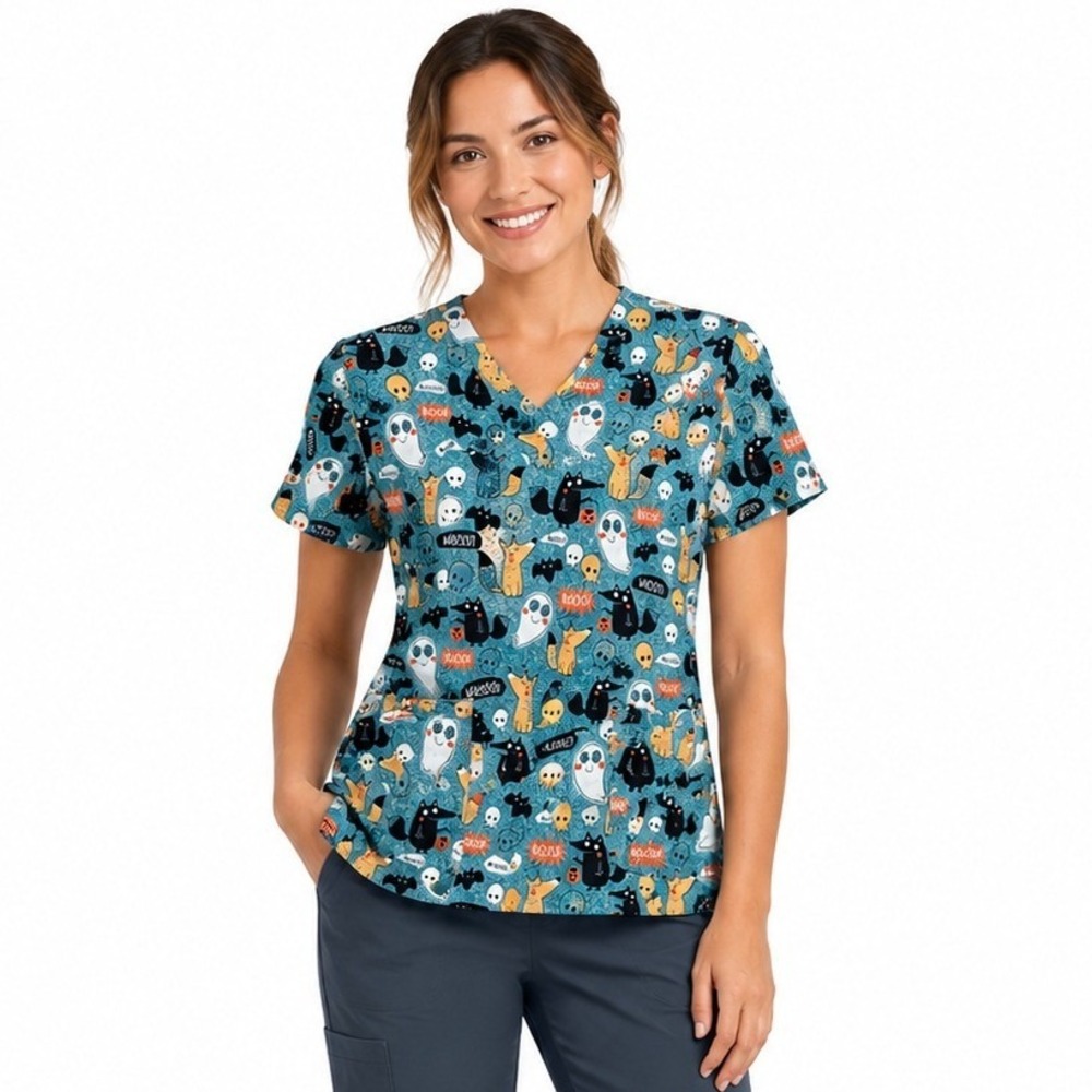 UA Scrubs Scrub Top Womens XL Teal Halloween Ghost Fox Bat V-Neck Print